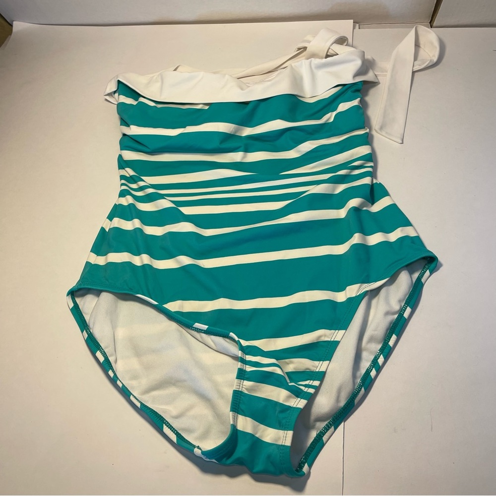 LAUREN RALPH LAUREN SWIMSUIT SZ 12 One Piece Green White Stripe Halter. Nylon
